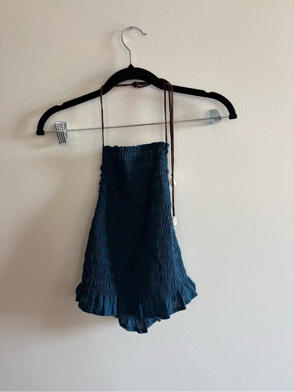 Skin Teal Blue Smocked Halter Top with Ruffle Hem